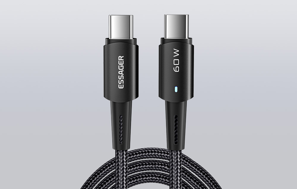 Kabel Essager USB-C do USB-C na szarym tle.