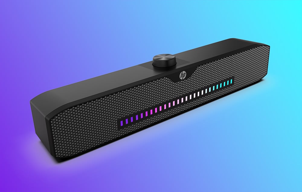 soundbar HP na kolorowym tle