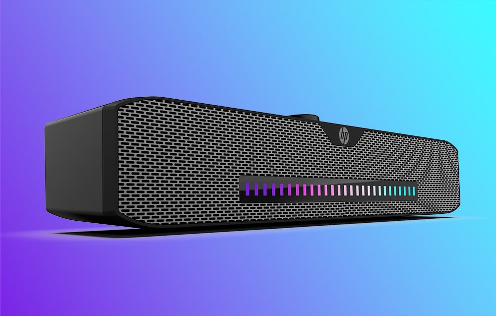 czarny soundbar HP z podświetleniem