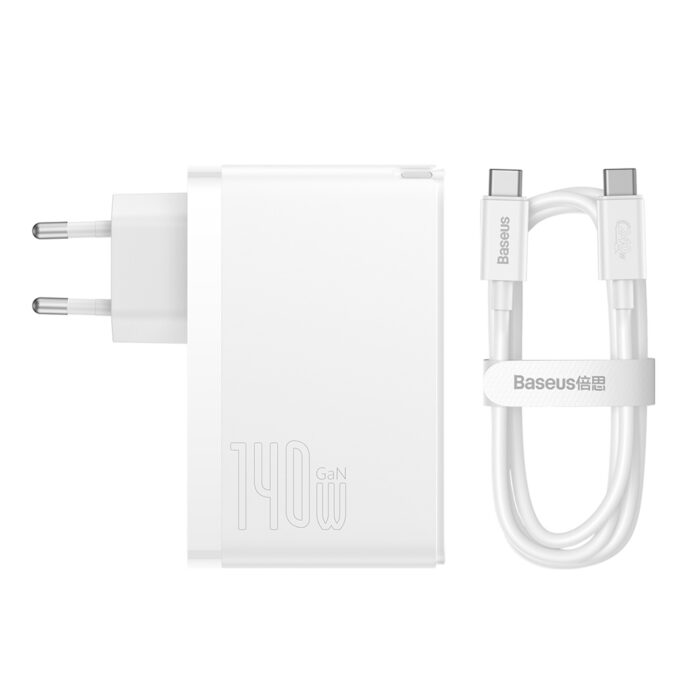 Baseus wall charger GaN5 Pro PD 140W 2x USB-C 1x USB white + USB-C - USB-C 240W cable