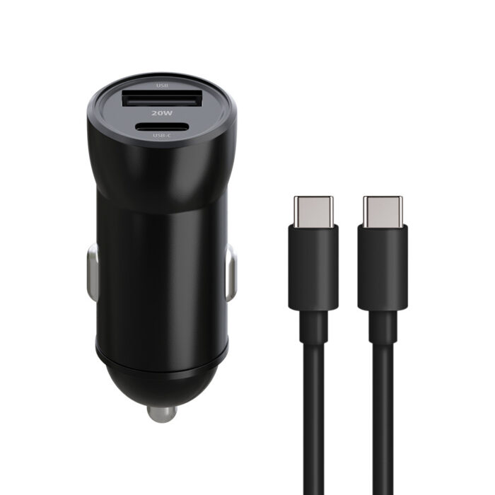 Maxlife MXCC-04 PD QC car charger 1x USB-C 1x USB 20W black + USB-C - USB-C cable 60W