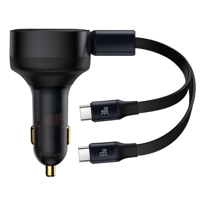 Baseus car charger Enjoyment Retractable 2w1 30W black with cable 2x USB-C