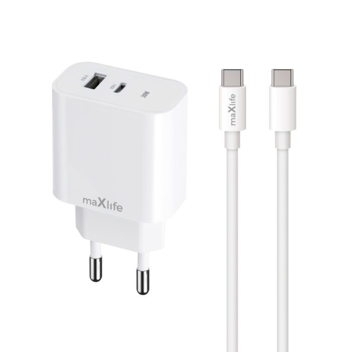 Maxlife MXTC-06-20AC PD QC charger 1x USB-C 1x USB 20W white + USB-C - USB-C cable 20W