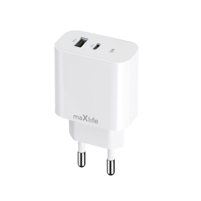 Maxlife MXTC-06-25AC PD QC charger 1x USB-C 1x USB 25W white