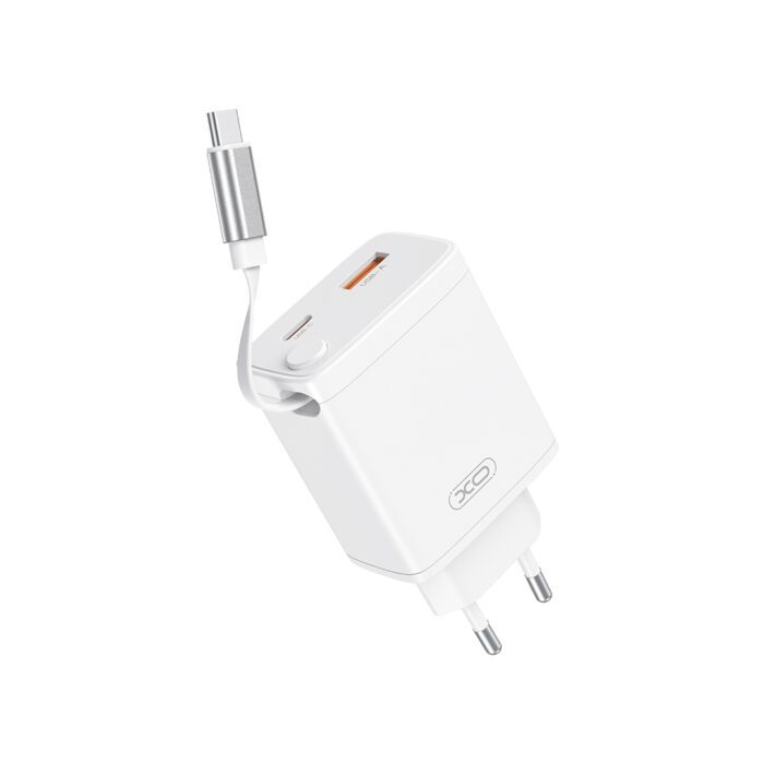 XO wall charger CE31 1x USB 1x USB-C 30W white with retractable USB-C cable