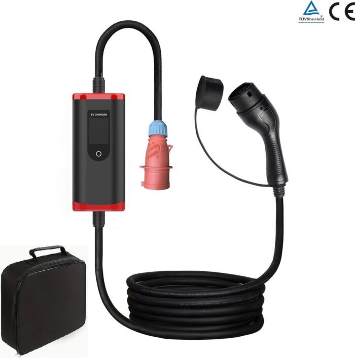 Mobiele EV CEE oplader - 3 fase - 11 kW - 8A to 16A - CEE Stopcontact (rood) - Type 2 - Incl. opbergtas - Geschikt voor elektrische auto's en plug-in hybrides