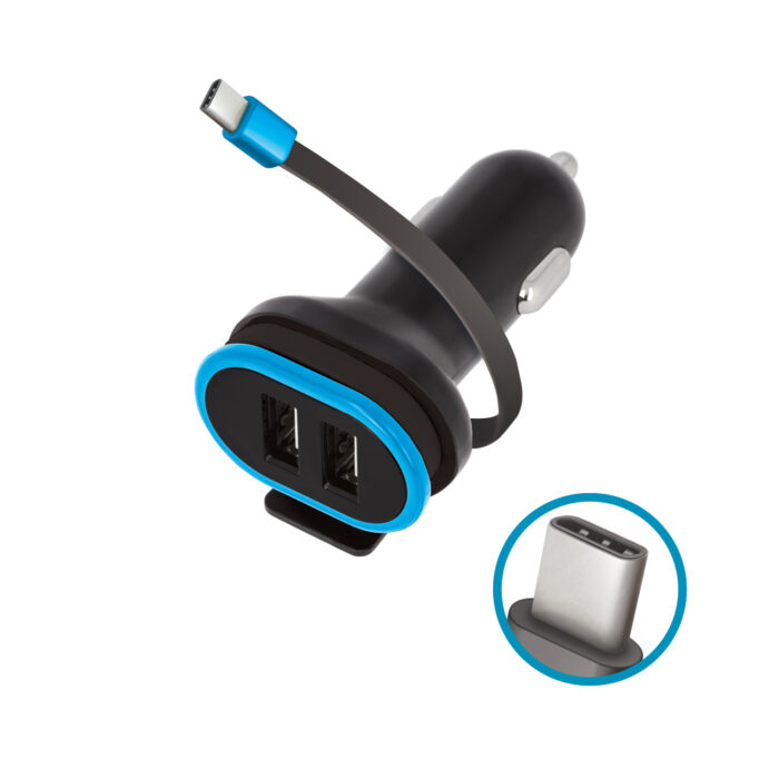 Forever CC-02 car charger 2x USB 3A black with USB-C cable 0