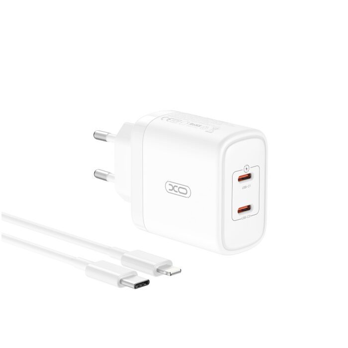 XO wall charger CE08 PD 50W 2x USB-C white + USB-C - Lightning cable