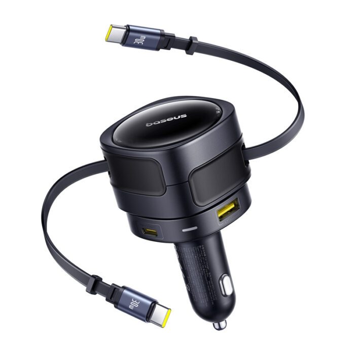 Baseus Enjoyment Max car charger with USB-C+USB-C cables and USB-A+USB-C ports 90W Black