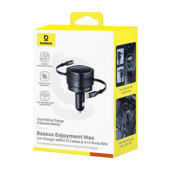 Baseus Enjoyment Max car charger with USB-C+USB-C cables and USB-A+USB-C ports 90W Black - Image 7