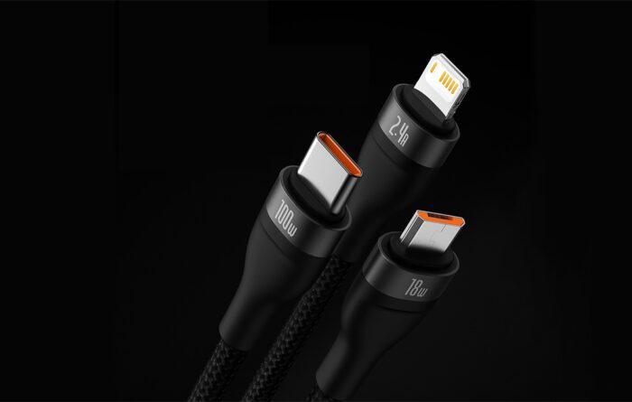 3in1 USB cable Baseus Flash Series, USB-C + micro USB + Lightning, 100W, 1.2m (black) - Image 12