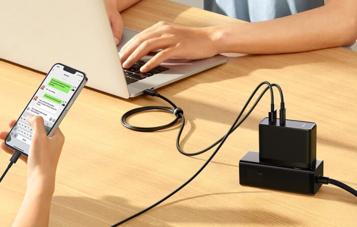 Wall charger Baseus GaN USB-C + USB, 100W + 1m cable (black) - Image 9