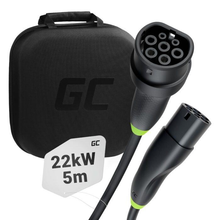 Green Cell Snap Type 2 EV Charging Cable 22 kW 5 m for Tesla Model 3 S X Y, VW ID.3, ID.4, ID.5, Kia EV6, Audi E-Tron, Fiat 500e - Image 1